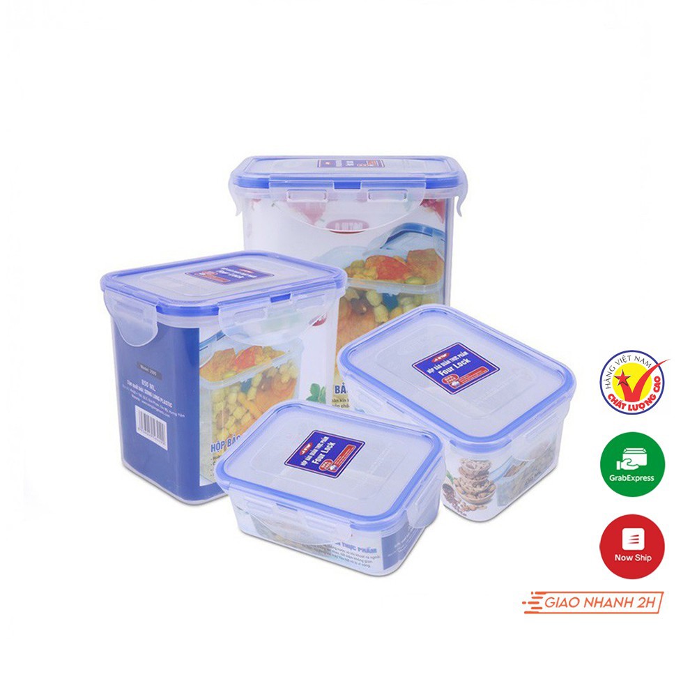 Hộp đựng thực phẩm 1220ml, 850ml, 450ml, 300ml Song Long Plastic Four Lock nhựa có nắp đậy