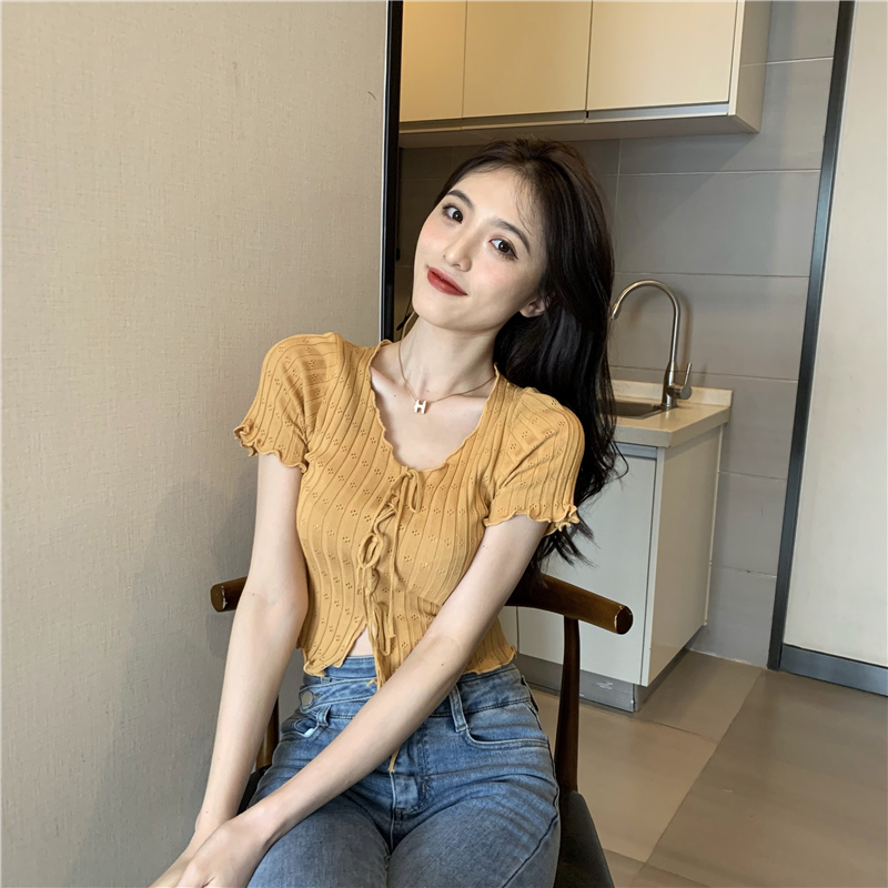 SUXI Áo Croptop Dệt Kim Tay Ngắn Thiết Kế Cổ Chữ V Nữ Tính