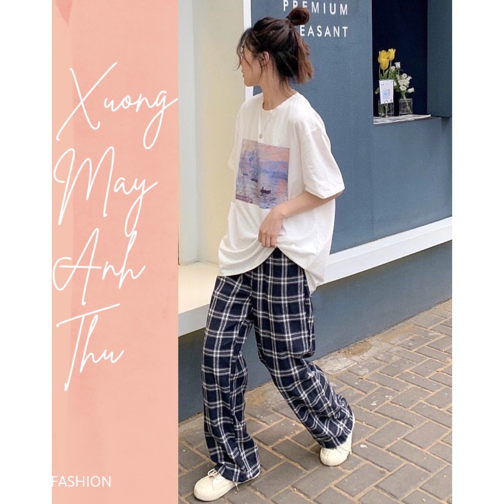 Set quần suông kẻ caro kèm áo thun in hình sơn mài vintage nữ - Bộ culottes ống sớ, phông trắng form rộng ulzzang HOT