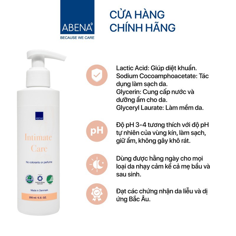 Dung dịch vệ sinh phụ nữ Abena Intimate Care 200ml cân bằng pH bảo vệ vùng kín, giảm viêm ngứa nhập khẩu Đan Mạch