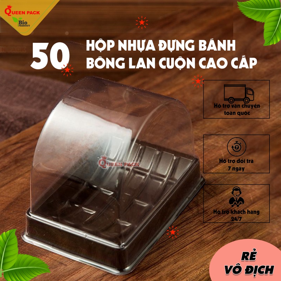 [QP-B107] SET 50 Hộp Nhựa Đựng Bánh Bông Lan Cuộn Đế đen kèm nắp nhựa PET trong