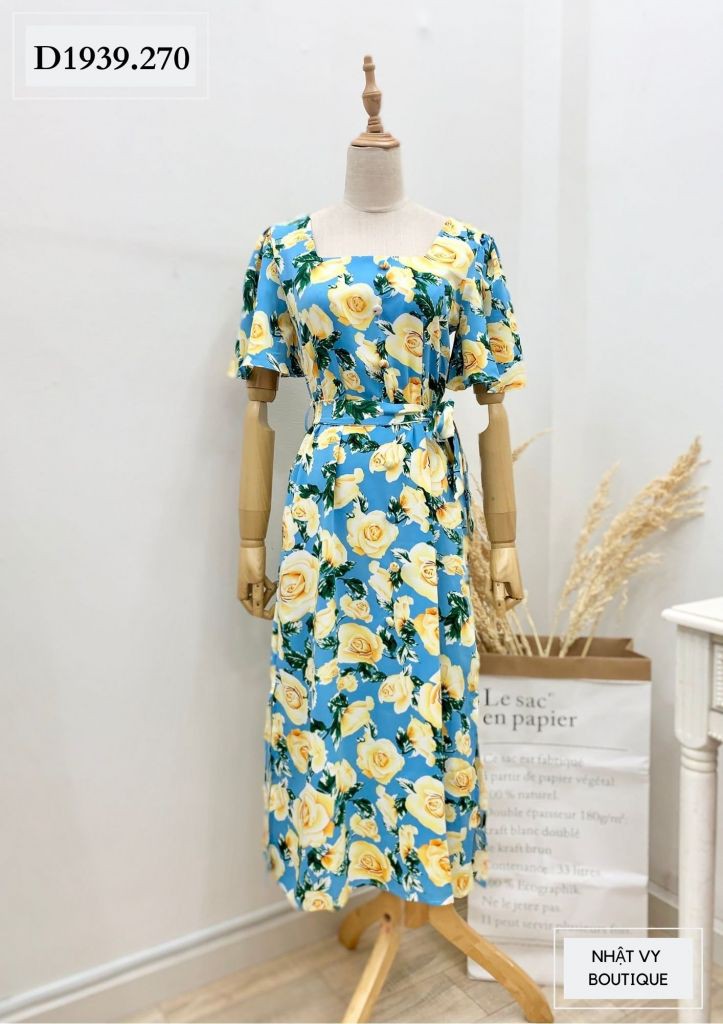 Đầm hoa cổ vuông thắt dây eo - D1939 | BigBuy360 - bigbuy360.vn