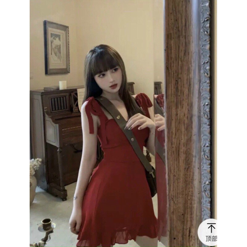 Đầm Váy Đỏ 2 Dây Nơ Vai Xinh Đẹp Tiểu Thư Dễ Thương Baby Cute
