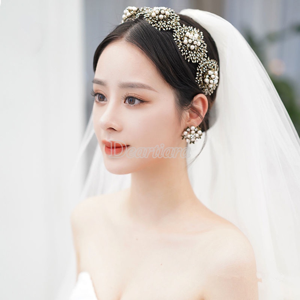 Băng Đô Cài Tóc Hình Hoa Vàng Đính Ngọc Trai Thời Trang Cho Cô Dâu