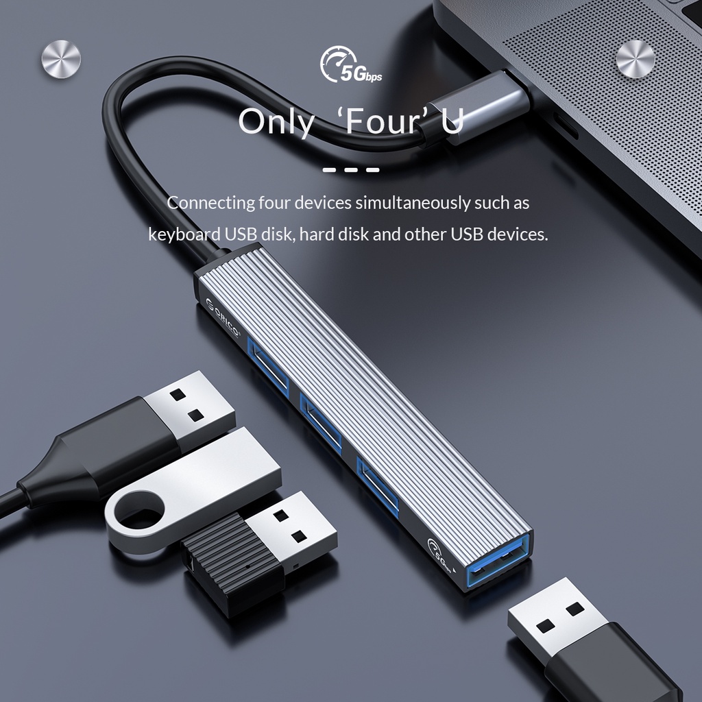 Bộ Chia USB Orico Type C ra 4 cổng USB 3.0 &amp; USB 2.0 AH-13-GY-BP - Hàng Chính Hãng