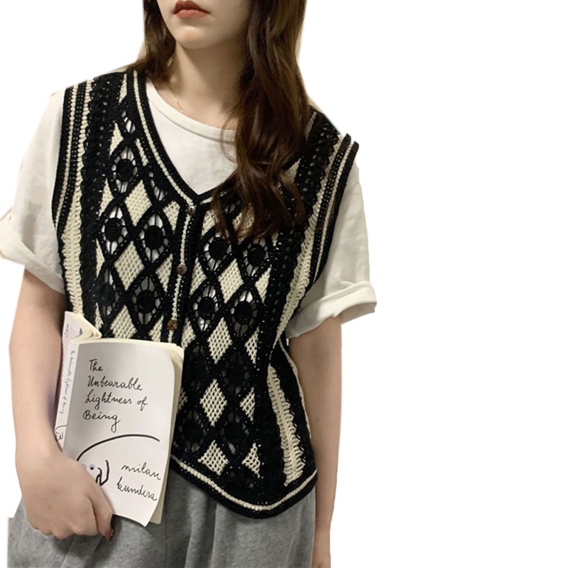 Áo Dệt Kim Sát Nách Cài Khuy In Họa Tiết Caro Trẻ Trung Cho Bạn Gái