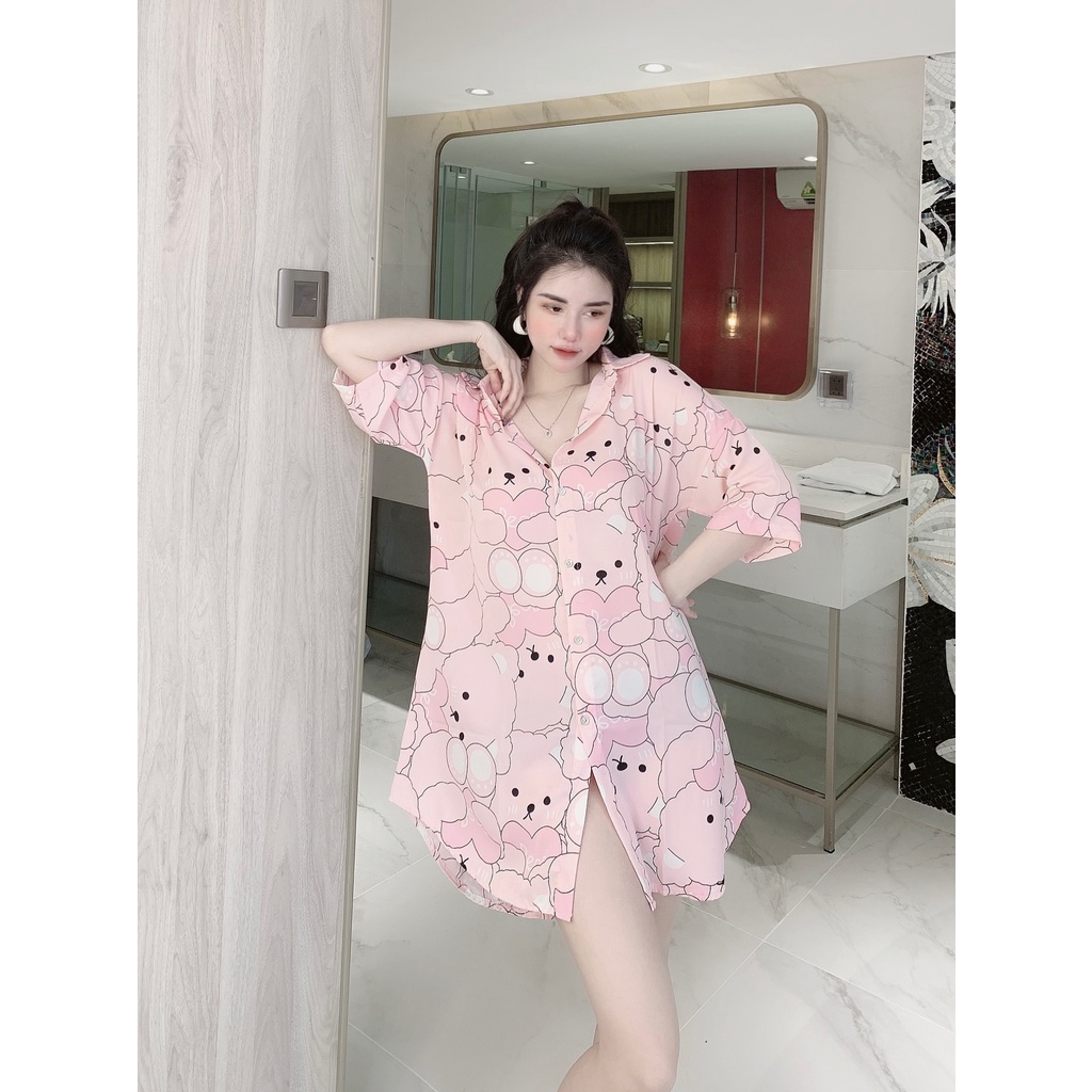 Váy Đầm Ngủ Sơmi Nữ Pjama Chất Liệu Lụa Mango Cao Cấp Freesize từ 40-65 kg