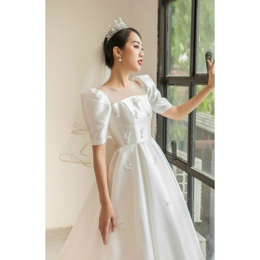 ĐẦM CƯỚI TAY PHỒNG KẾT HOA PHỐI NƠ full size S/M/L/XL ( ảnh và video do chủ shop tự quay 10000%)