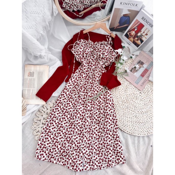 Set váy nữ VAYO Đầm 2 dây nữ hoa nhí dáng dài xòe đỏ và áo khoác cardigan croptop dài tay vải len mềm mịn đẹp thời trang | BigBuy360 - bigbuy360.vn