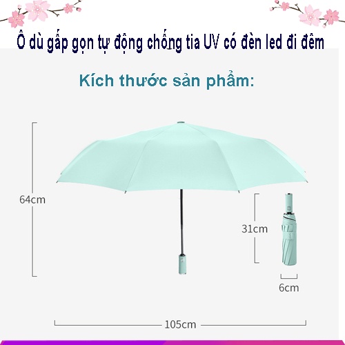 Ô dù che nắng mưa thông minh tự động gấp gọn chống tia UV phát quang có đèn led đi đêm