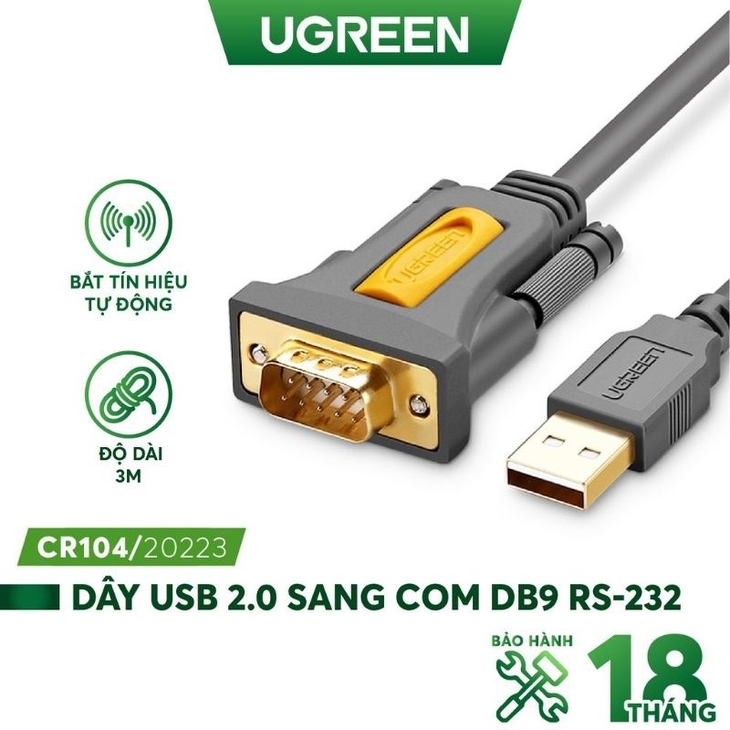 Dây chuyển USB sang Com RS232 DB9 Ugreen CR104 dài 1,5m-2m-3m - Hàng chính hãng
