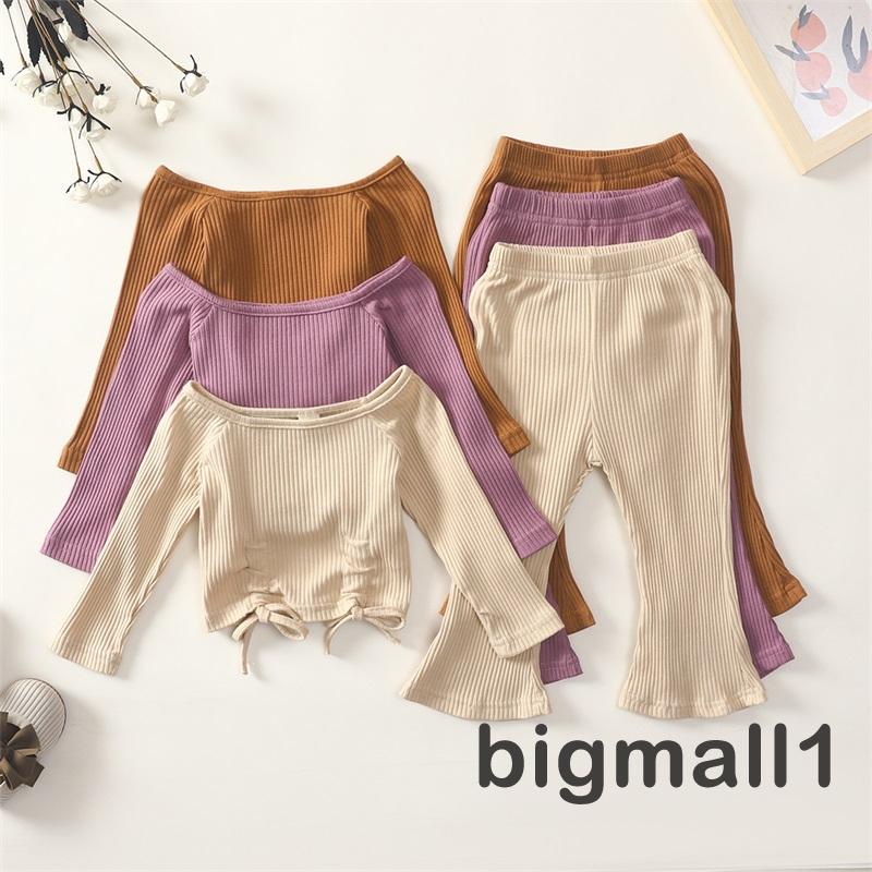 Set áo cổ thuyền tay dài màu trơn + quần ống loe thời trang cho bé gái 6 tháng-4 tuổi