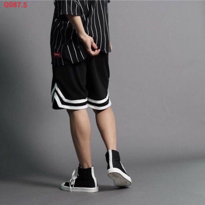 Quần đùi short nam thể thao poly 2 da lưng thun chất dày viền chữ V quần lửng nam ống rộng cao cấp hàng VNXK