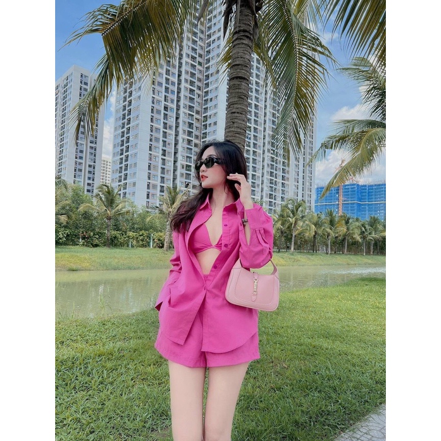 Sét 3 món đi biền áo bra yếm phối quần đùi kèm áo sơ mi khoác ngoài cực hot mk