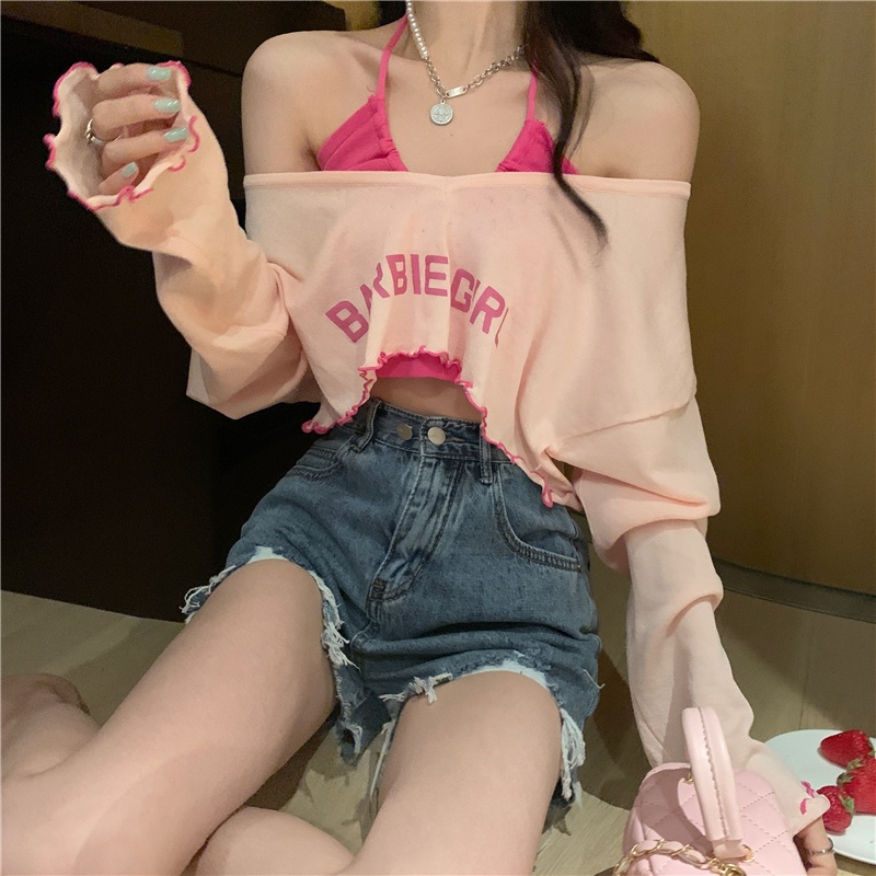 HUANG YOYO Bộ Áo Dệt Kim Chống Nắng + Quần Yếm Ngắn Phong Cách Hàn Quốc Thời Trang Cho Nữ