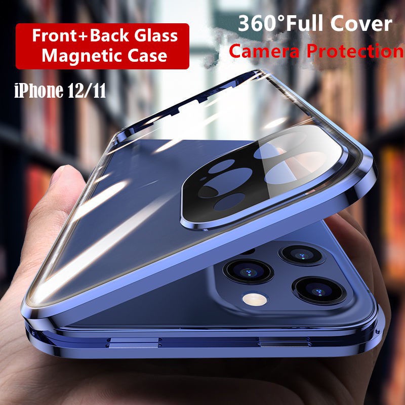 Ốp Điện Thoại Kính Cường Lực Hai Mặt Có Khóa Kim Loại Nam Châm Bảo Vệ camera Cho iPhone 11 Pro MAX 11 Pro 11 XS MAX XR XS X