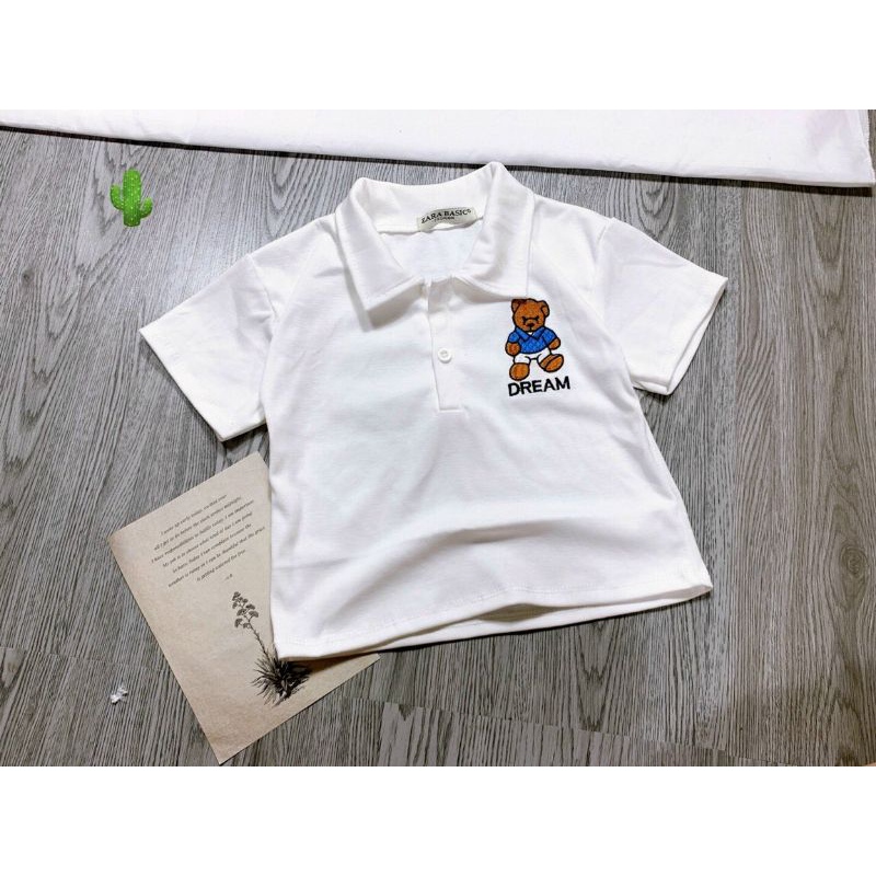 Áo croptop thun polo thêu gấu nâu dễ thương | BigBuy360 - bigbuy360.vn