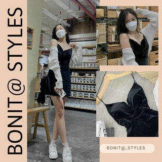 Sét đầm 2 dây đen dáng ôm kèm áo khoác cardigan