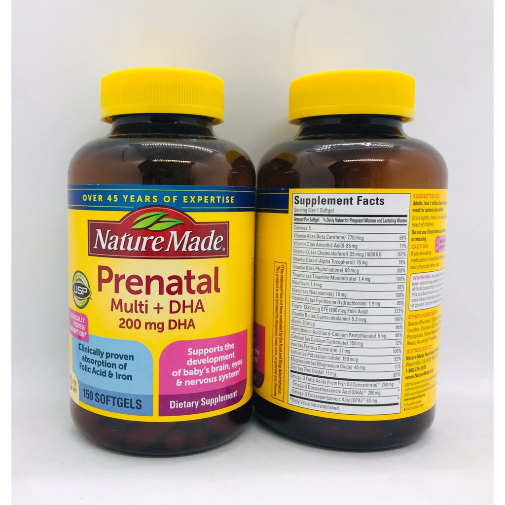 Thuốc Bổ Cho Bà Bầu Chống Ốm Nghén Mệt Mỏi Nature Made Prenatal Multi DHA 150 Viên Mẫu Mới (Chuẩn USA)