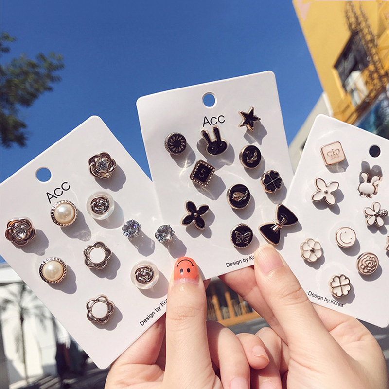 Set ghim quần áo hình thỏ hoa đính pha lê và ngọc trai thời trang