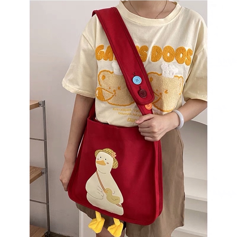 Túi vải tote đeo chéo vai hình con vịt có sẵn siêu cute cỡ lớn Trang Xuka order 2 tuần