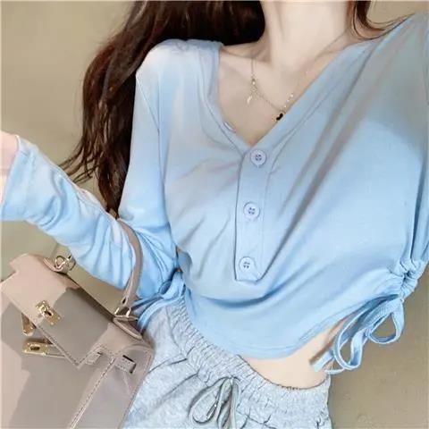 Jiashucheng Áo Thun Lửng Tay Dài Eo Cao Phối Dây Rút Thiết Kế Lệch Tà Thời Trang Mùa Thu Mới Cho Nữ