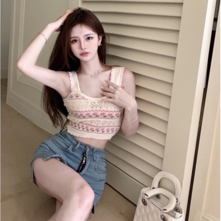 Áo Hai Dây Dệt Kim Họa Tiết Hoa Quyến Rũ Thời Trang Hàn Quốc Cho Nữ