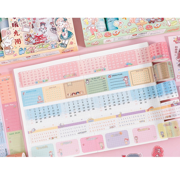 Hộp 19 Washi Tape Kèm 10 Miếng dán Sticker đẹp 10x10cm, kèm 1 bút cắt băng dính dán và ticker chuyên dùng giá siêu rẻ