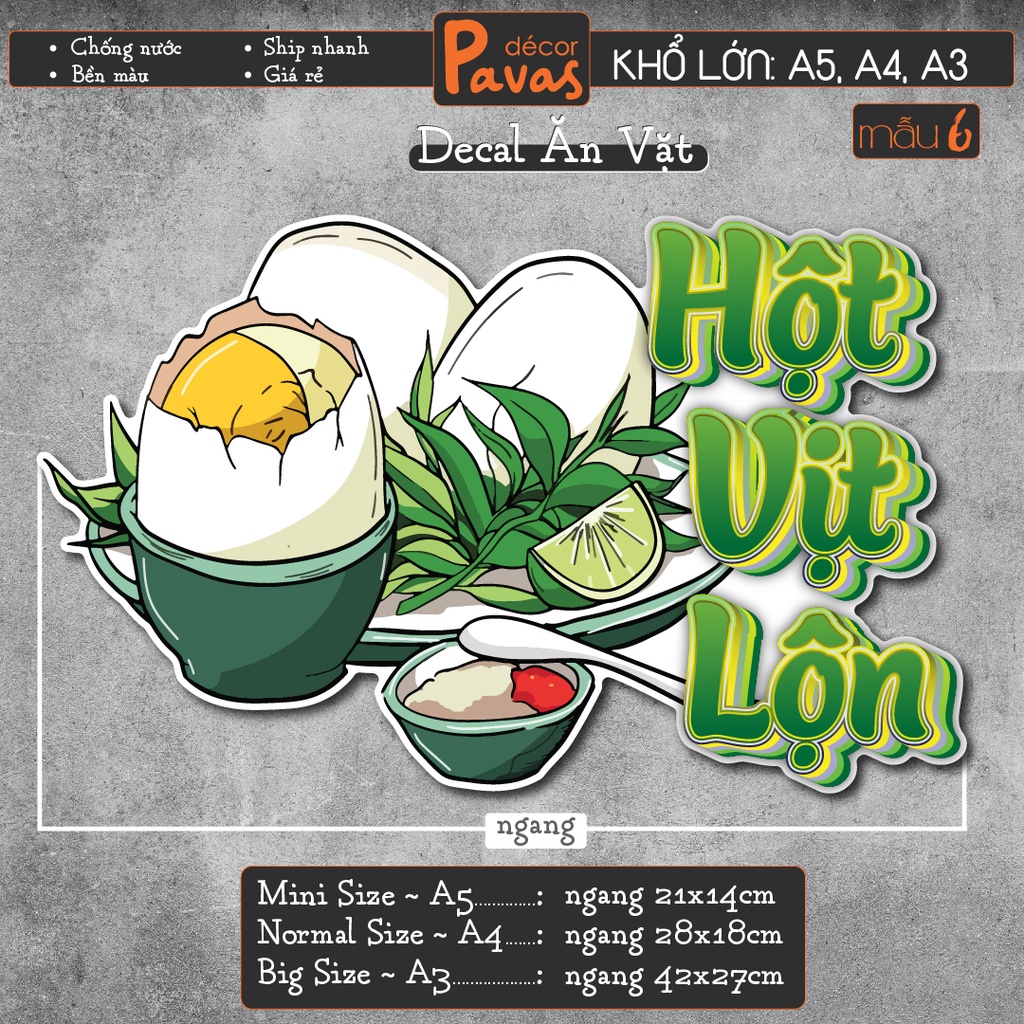 Decal Bánh Tráng Trộn, Bánh Tráng Nướng, Hột Vịt Lộn chống nước trang trí dán quán trà sữa, cà phê, quán ăn. TTQ07