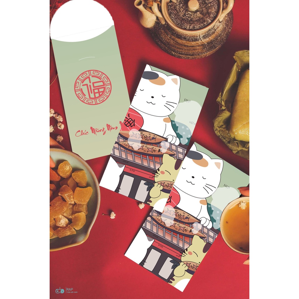 Combo 6 lì xì mèo Nhật Bản Dáng dài không phải gập tiên biểu cảm dễ thương may mắn tài lộc 2023 - Ráp