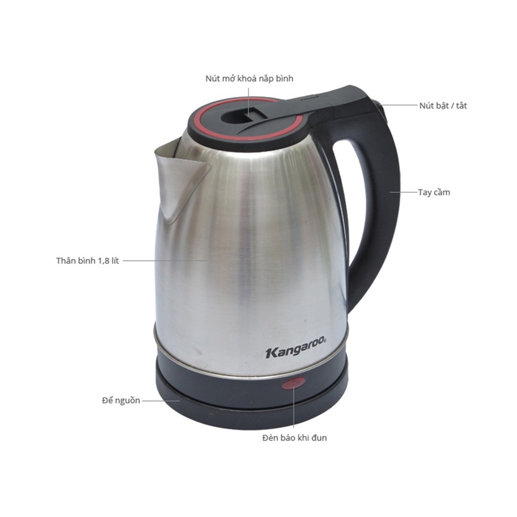 Ấm Siêu Tốc Kangaroo KG338 1,8 Lít 1500W Inox Siêu Bền-Sôi nhanh-Hàng Chính Hãng-Bảo Hành Chính Hãng Toàn Quốc 12 Tháng