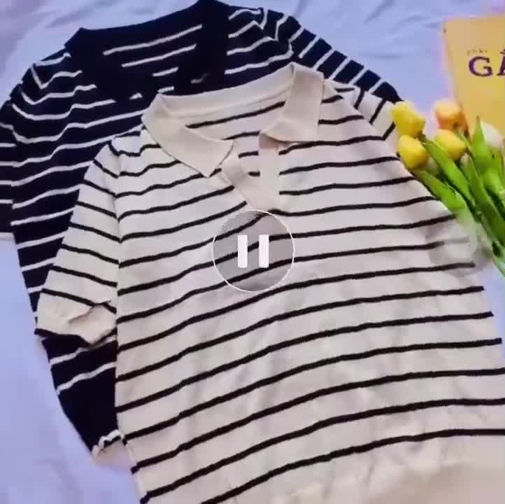 Áo len montoghi cộc tay kẻ sọc cổ bẻ Ulzzang (hàng QC) - Ảnh thật cận chất | BigBuy360 - bigbuy360.vn