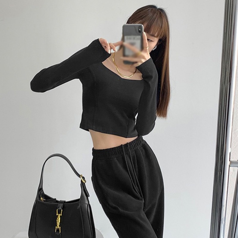 Áo Thun Dài Tay Cổ Vuông Hở Xương Quai Xanh Thiết Kế Thoải Mái Thời Trang Cho Nữ