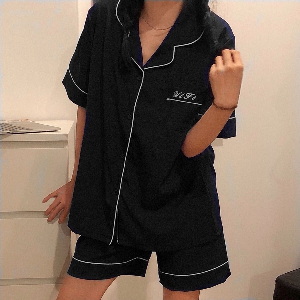 Bộ Đồ Ngủ Tay Ngắn Bằng Cotton Màu Trơn In Chữ Đơn Giản Dành Cho Nam Nữ