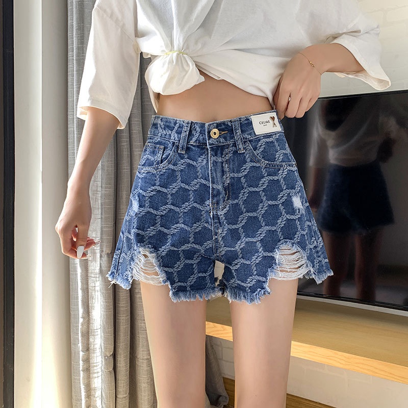 Quần short denim IELGY cạp cao kiểu chữ A màu xanh lam cho nữ