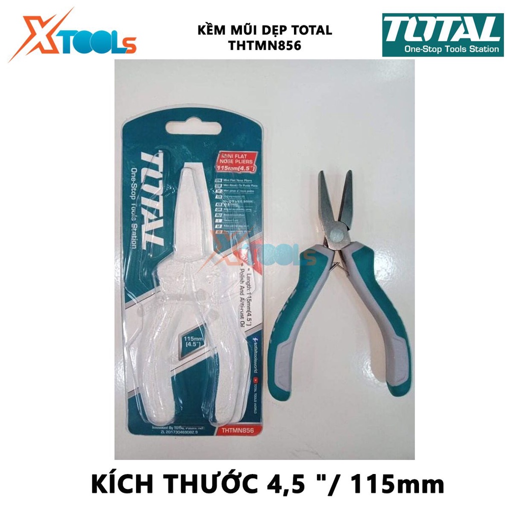 Kềm mũi dẹp TOTAL THTMN856 | Kìm mũi dẹp Kích thước: 4,5 &quot;/ 115mm,thép CR-V, tay cầm cách điện,bọc cao su chống trơn bấm