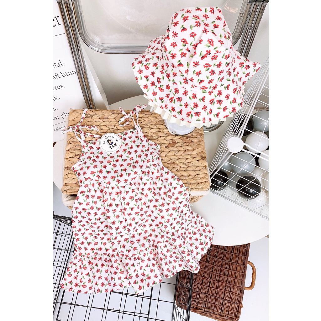 Váy 2 dây bé gái thô hoa nhí kèm mũ đội size đại 14-26kg XHN1010
