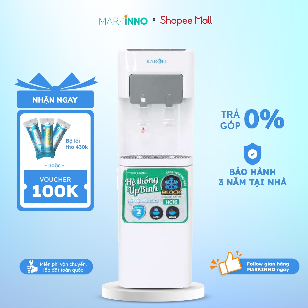 Máy nước nóng lạnh hút bình KAROFI HC16 bình 13.9kg, 2 vòi, công nghệ làm lạnh Block