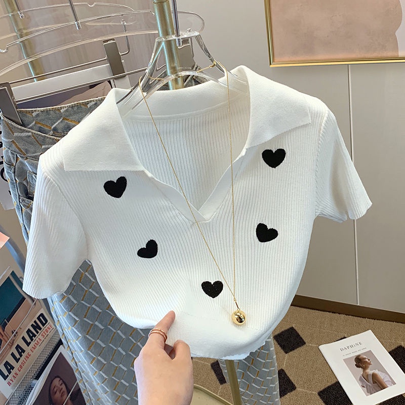 Áo Thun POLO Dệt Kim Lụa Lạnh Mỏng Cổ V Ngắn Tay In Hình Trái Tim Thời Trang  tao bao