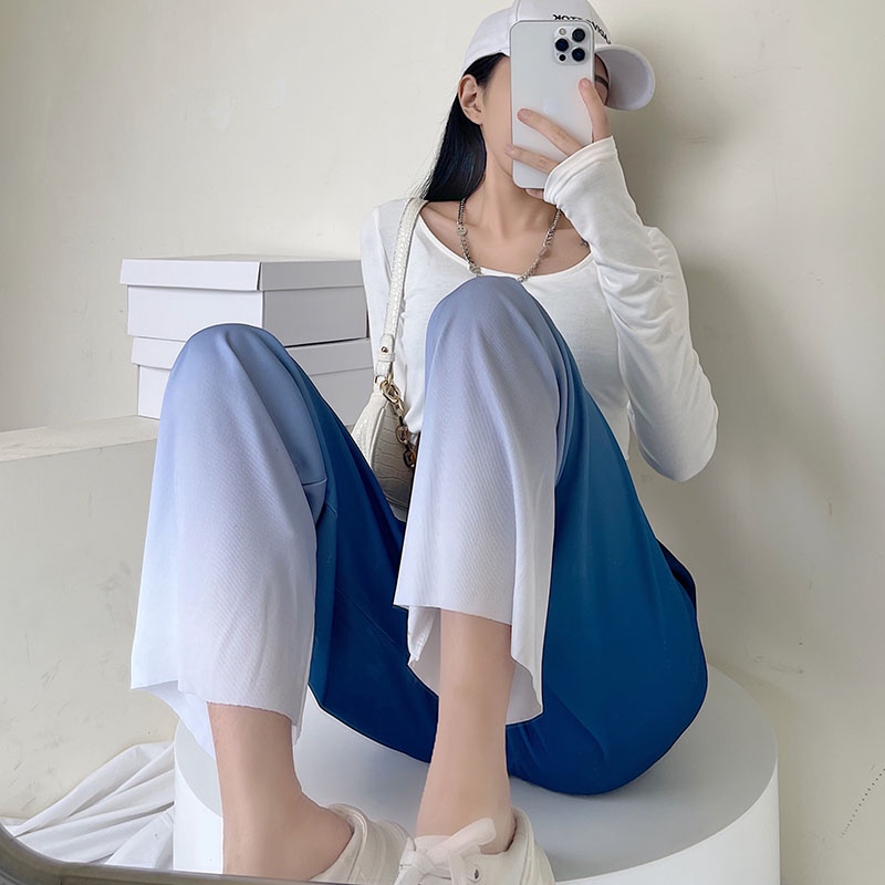 SUXI Quần ống rộng Lưng Cao Màu Gradient Phong Cách Retro Cho Nữ