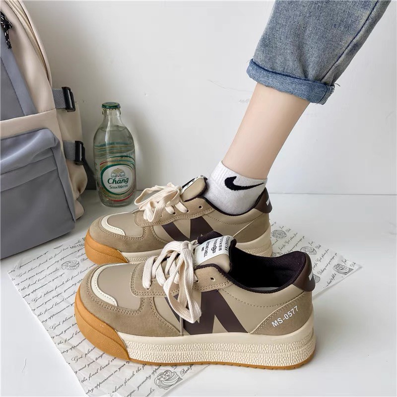 Giày thể thao nữ NN màu đen nâu chất liệu da độn đế cao 5 cm sneaker ulzzang hàn quốc đi học đi chơi đi làm đẹp 2022