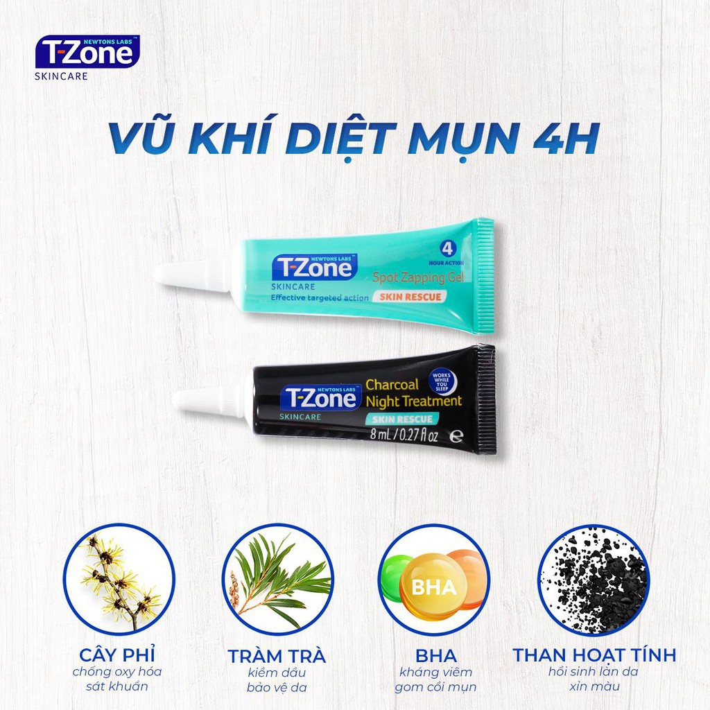 Combo Gel Giảm Mụn T-Zone Zapping Gel 8ml Và Gel Giảm Thâm T-Zone Charcoal Night Treatment 8ml