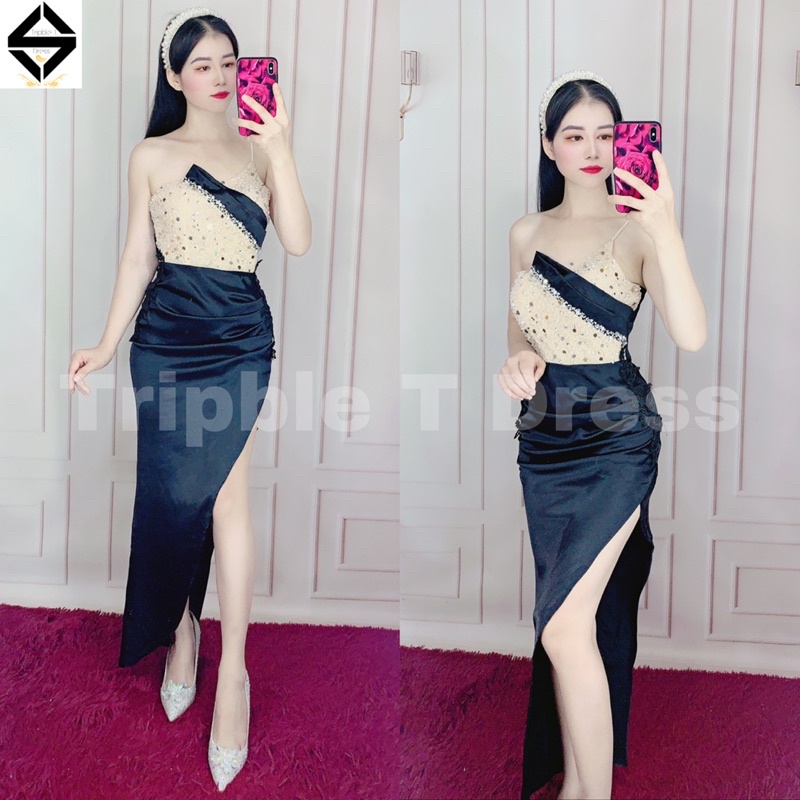 Đầm body 2 dây dự tiệc kết kim sa phối hoa ren nổi chất phi thun lụa TRIPBLE T DRESS - size M/L - MS359V