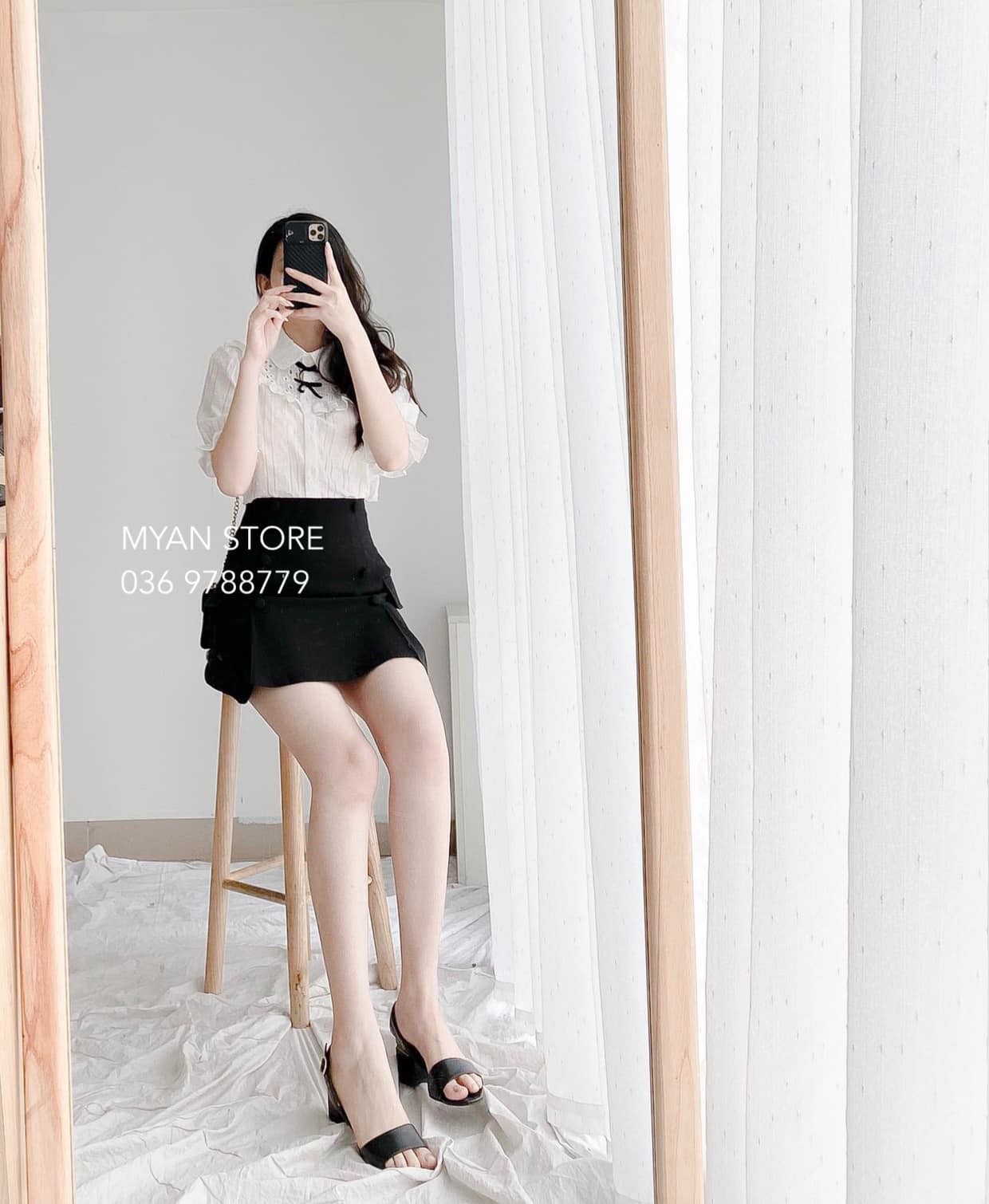 Áo sơ mi thô cổ sen phối thô thêu Avn042107
