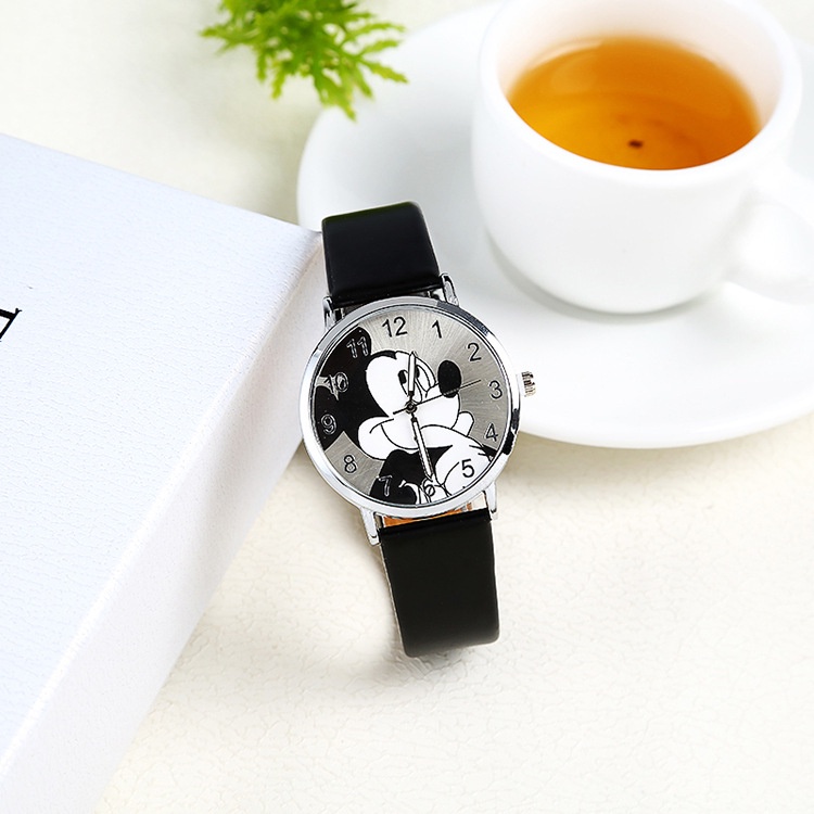 Đồng Hồ Nữ Dây Da Mặt Hình Chuột Mickey Dễ Thương