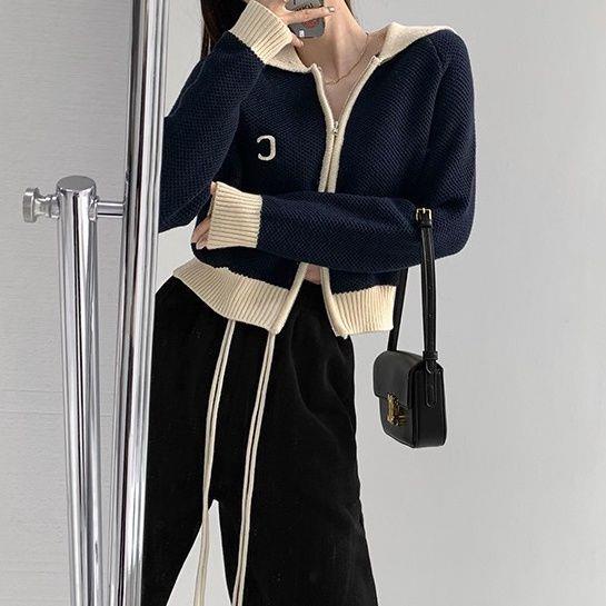 Áo Khoác Cardigan Dệt Kim Màu Sắc Tương Phản Phong Cách Retro Cho Nữ