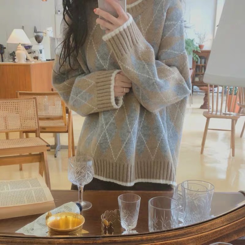 Áo sweater dệt kim cổ tròn dáng rộng dày dặn phong cách retro thời trang