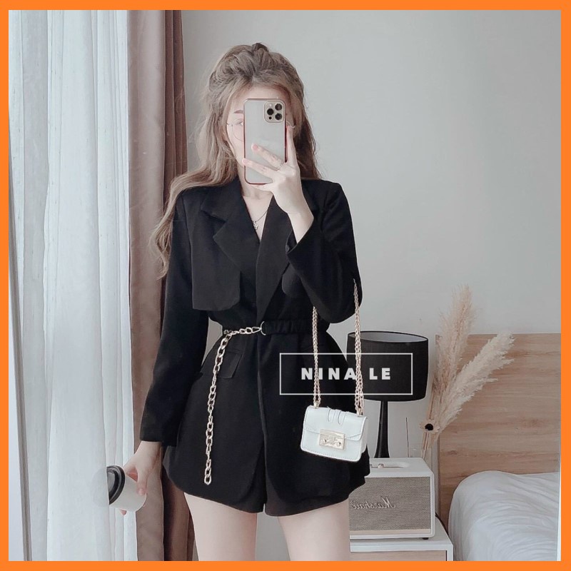 Áo khoác Blazer nữ cổ vest kèm dây xích siêu ngầu - Video ảnh thật freesize