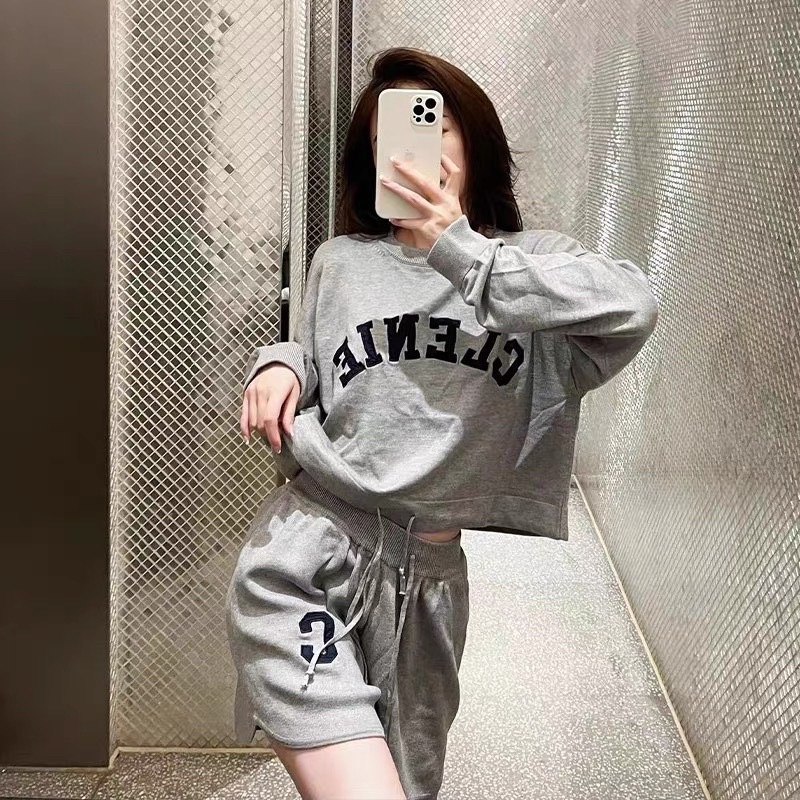 Set Bộ Chữ C Áo Dài Tay Quần Sooc Đùi Chất Bozip Màu Xám