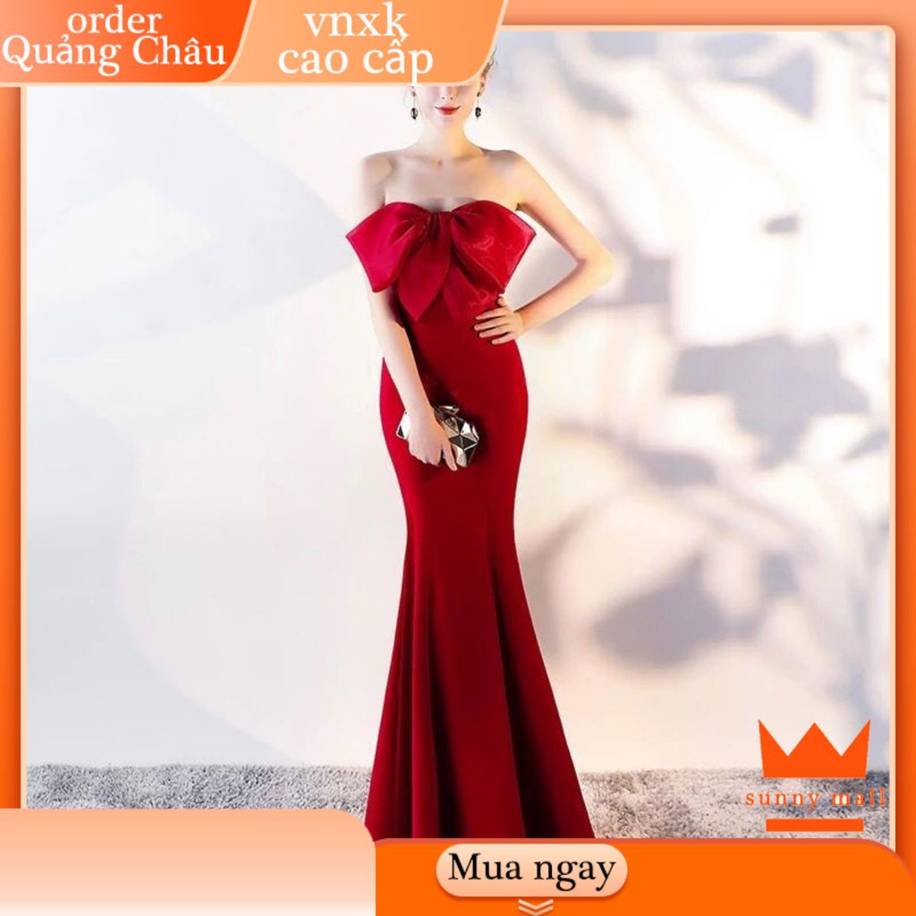 Đầm dự tiệc dạ hội đuôi cá thắt nơ cúp ngực hở vai màu đỏ đen giá rẻ bigsize đẹp